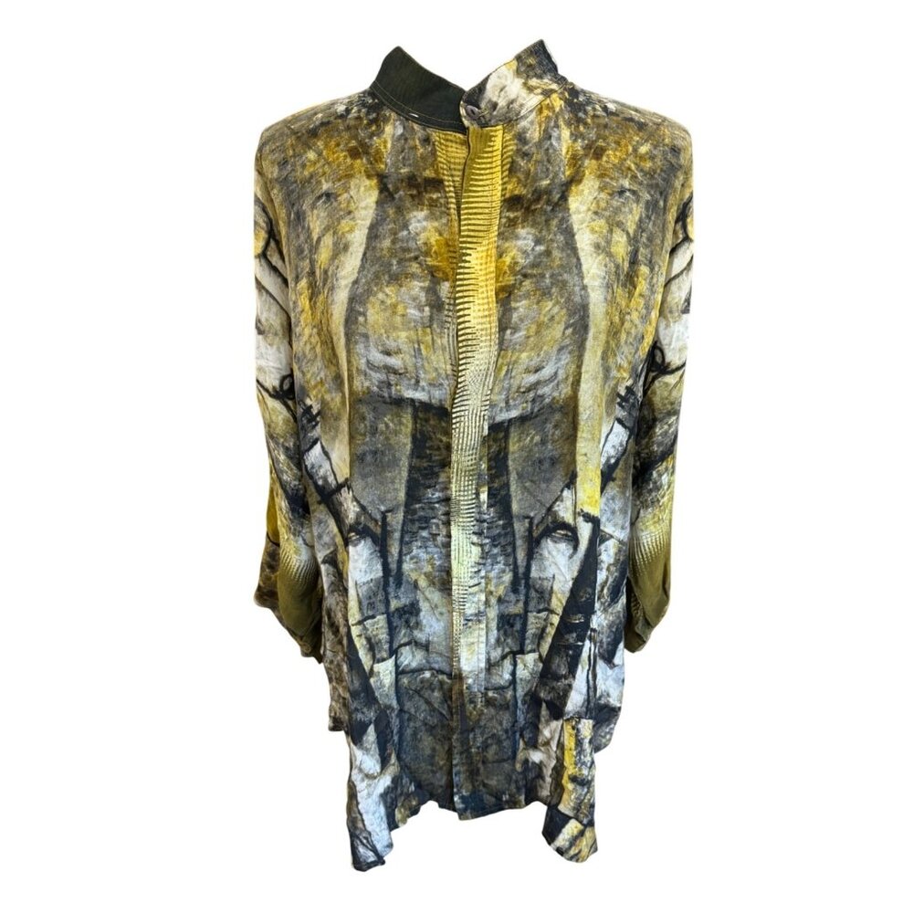 Dilemma New York Abstract Print Lightweight Blouse L Yellow/Gray/Black Artsy